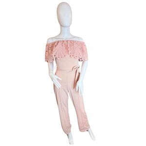 Boutique Jumpsuit Medium Pink Blush Off Shoulder Lace Trim Boho Belted Jumpsuit